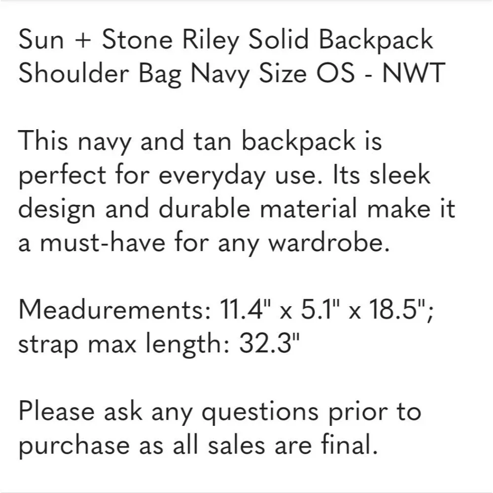Sun + Stone Riley Solid Backpack Shoulder Bag Navy Size OS - NWT